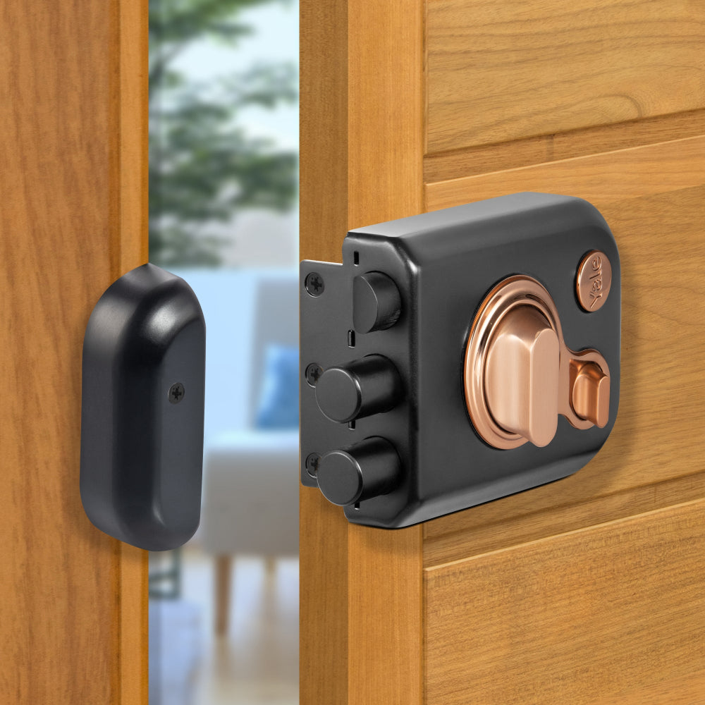 Yale Kratos RIM lock for main door with knob inside and outside dimple key in Dual finish