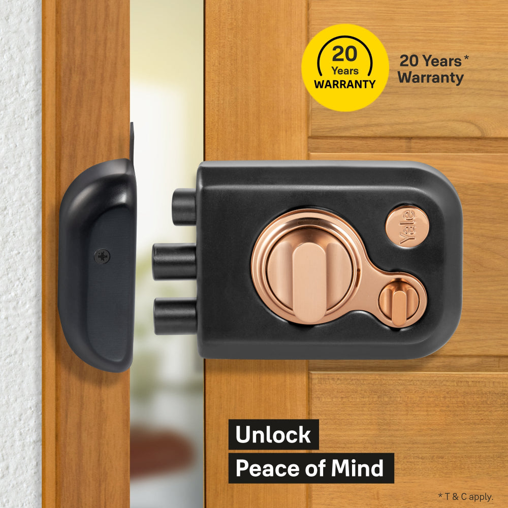 Yale Kratos RIM lock for main door with knob inside and outside dimple key in Dual finish