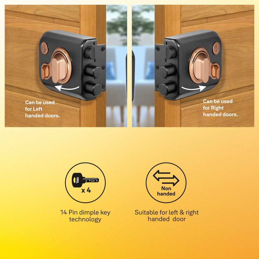 Yale Kratos RIM lock for main door with knob inside and outside dimple key in Dual finish