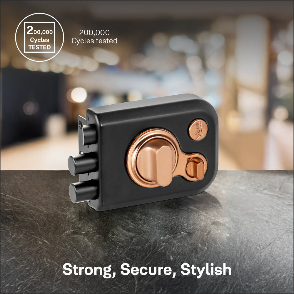 Yale Kratos RIM lock for main door with knob inside and outside dimple key in Dual finish