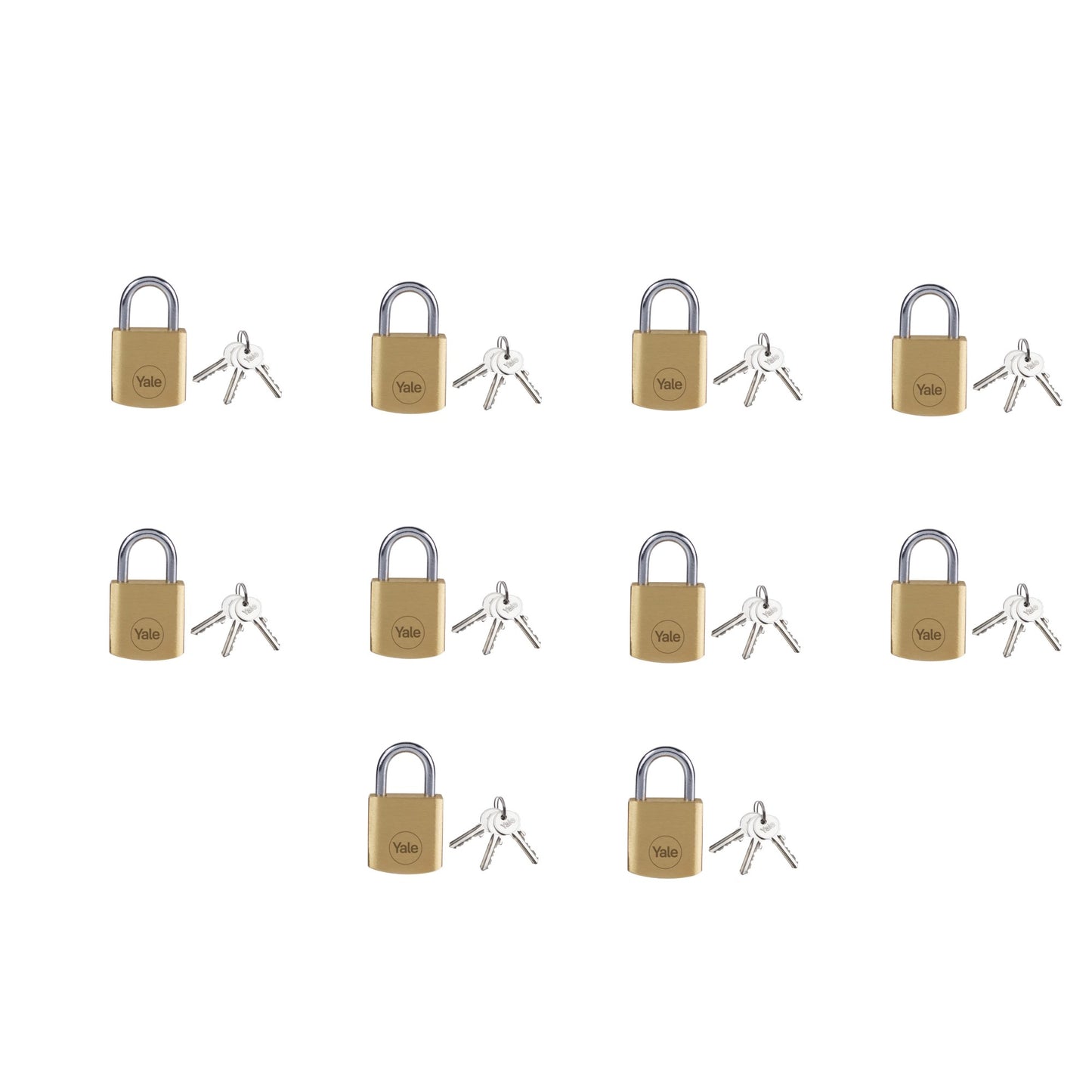 Yale Y110B/20/111/1 - Brass Padlock (20 mm) - Indoor Lock for Locker, Backpack, Tool Box - 3 Keys - Standard Security (Pack of 10)