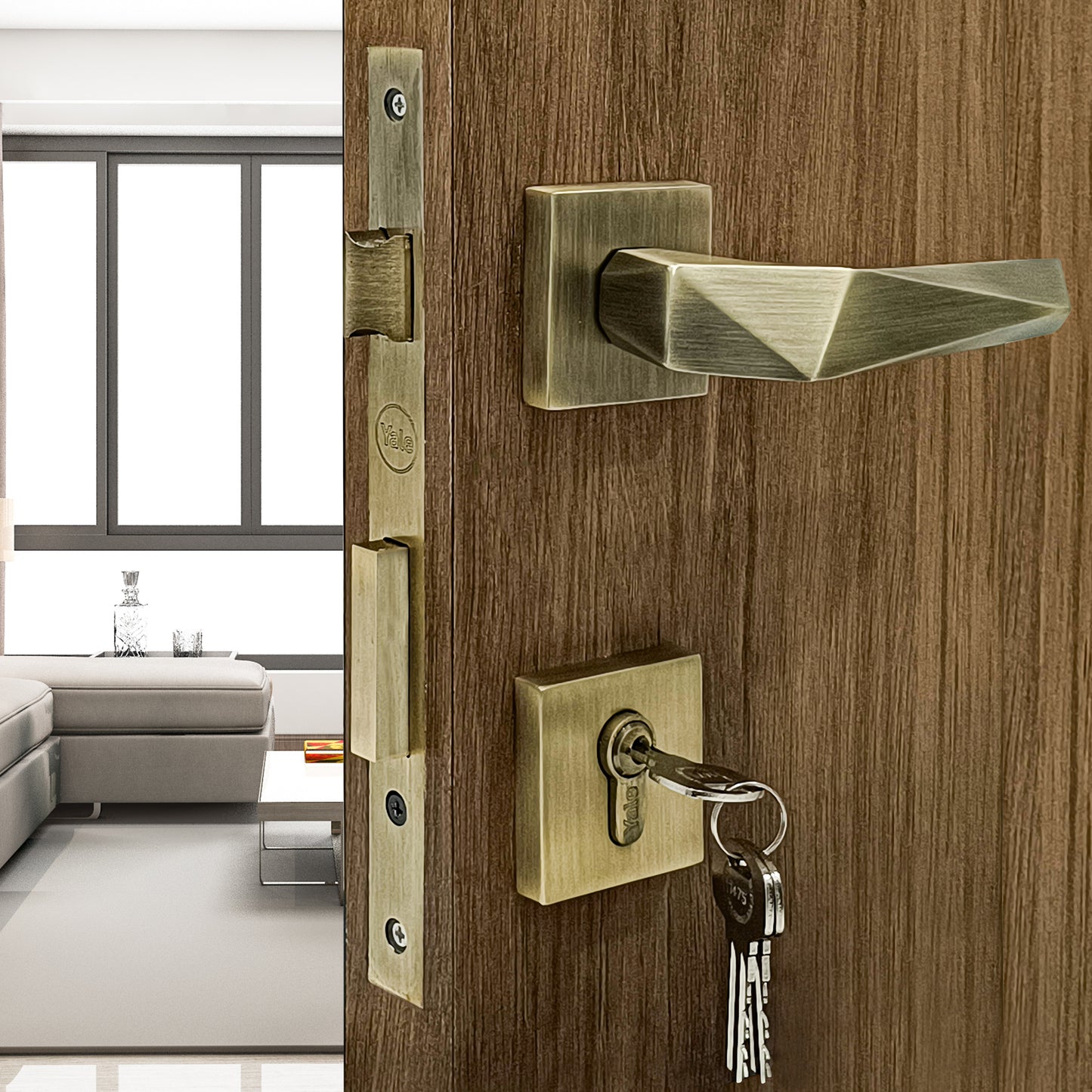 SM-01-01-02 Yale SM series Mortise Lock Comboset with Rose and Escutcheons, Cylinder with Knob inside and keys Outside, AB Finish
