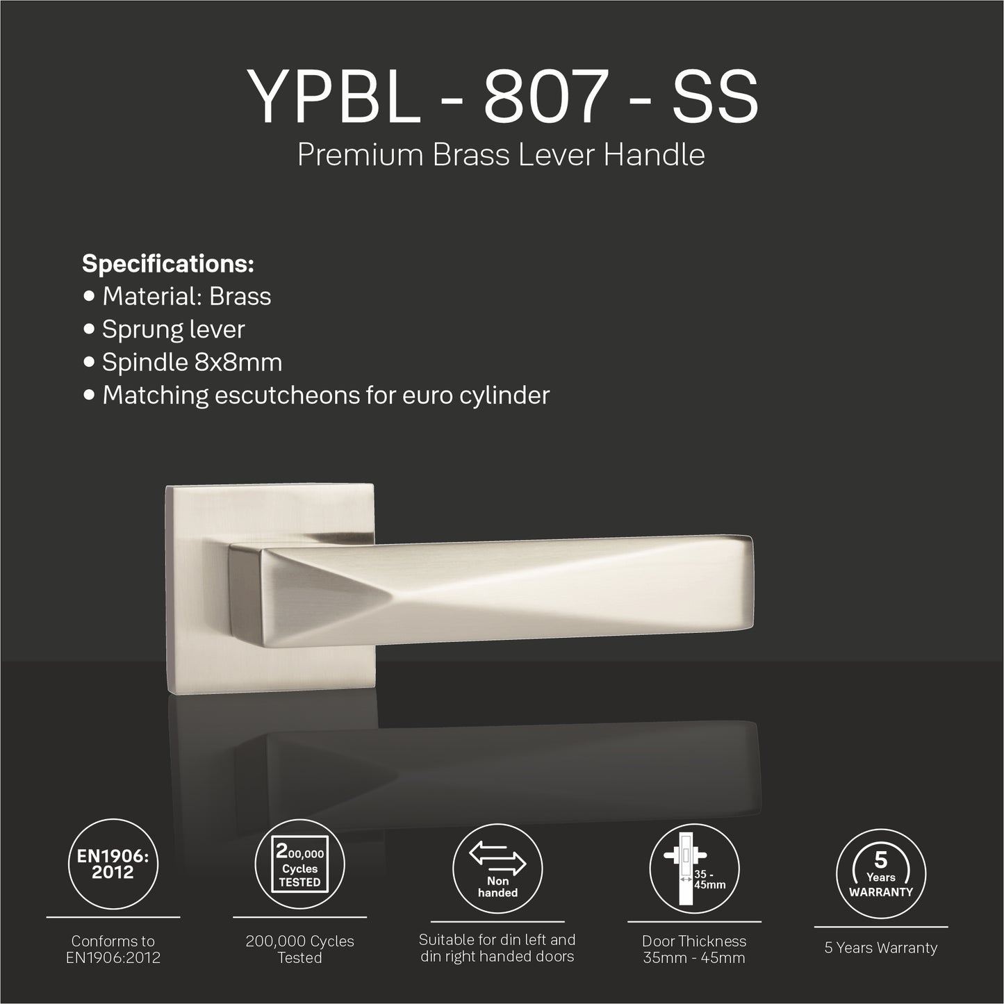 YPBL-807-Solid Brass Premium Lever Handle, Without Lock and key cylinder (Satin Steel