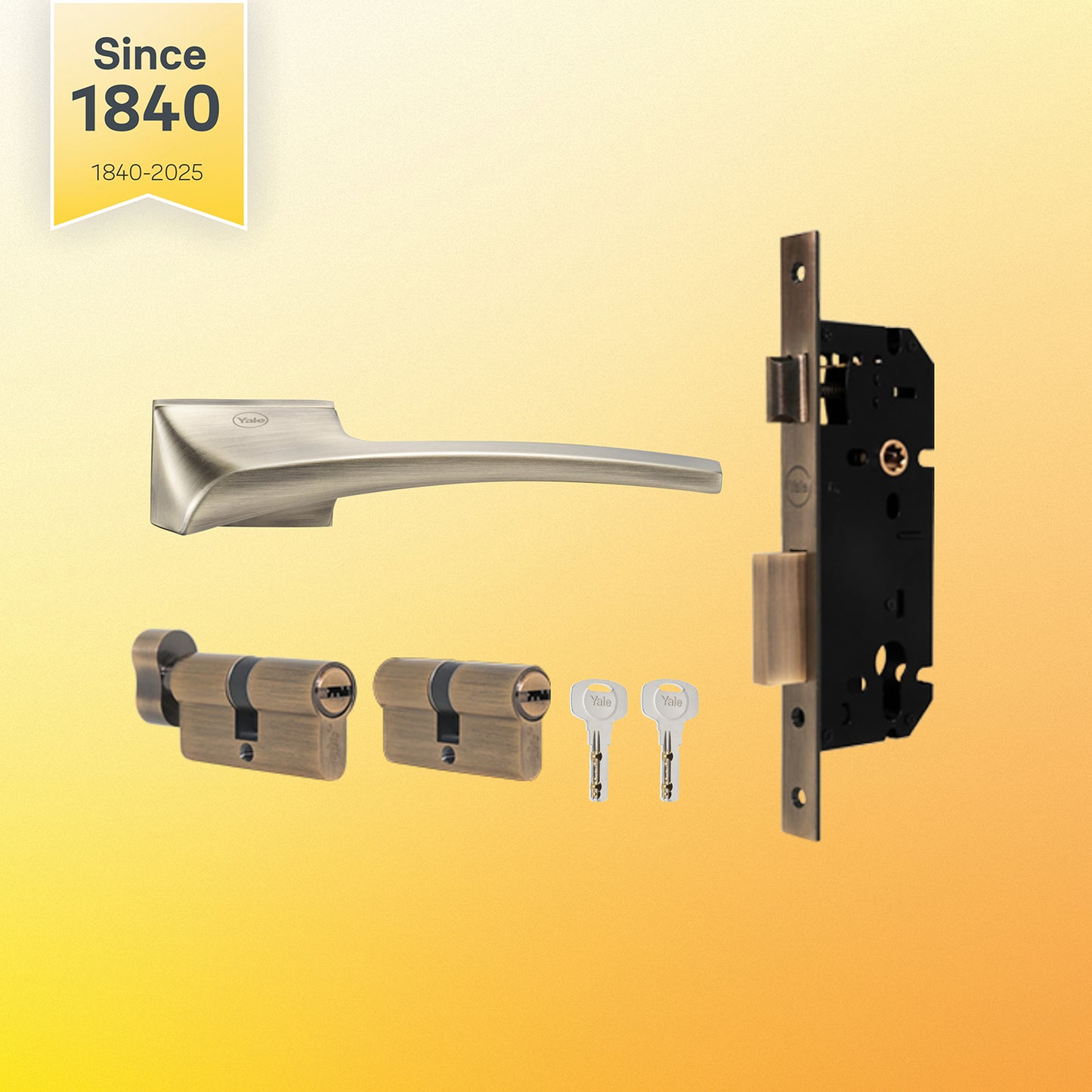 YMEL 702-ABYale Mortise Lock Comboset with Rose and Escutcheons, Key Cylinder with Knob inside and keys Outside, Antique Brass Finish