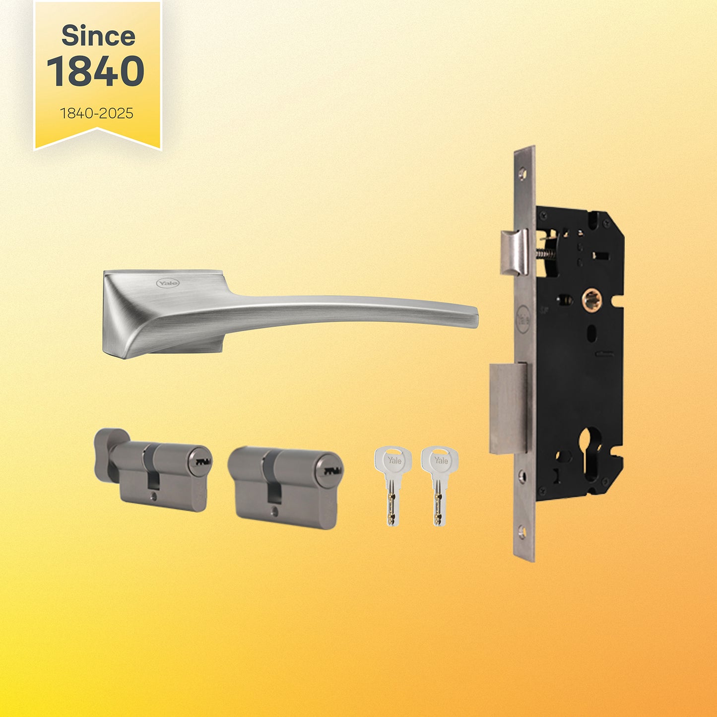 YMEL 702-SS Yale Mortise Lock and handle Comboset with Rose and Escutcheons, Key Cylinder with Knob inside and keys Outside, SS Finish
