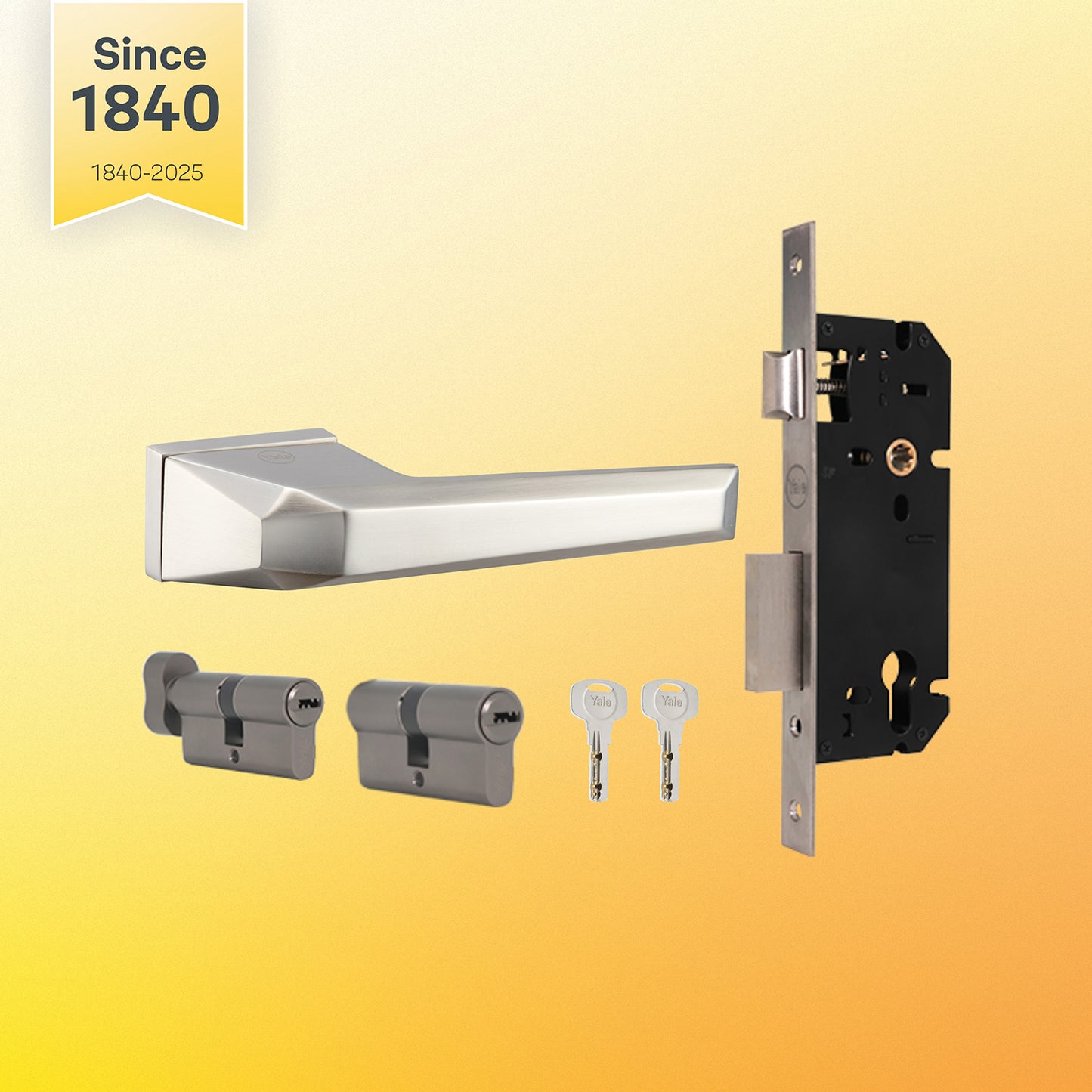 YMEL 704-SS Yale Mortise Lock Comboset with Rose and Escutcheons, Key Cylinder with Knob inside and keys Outside, SS Finish