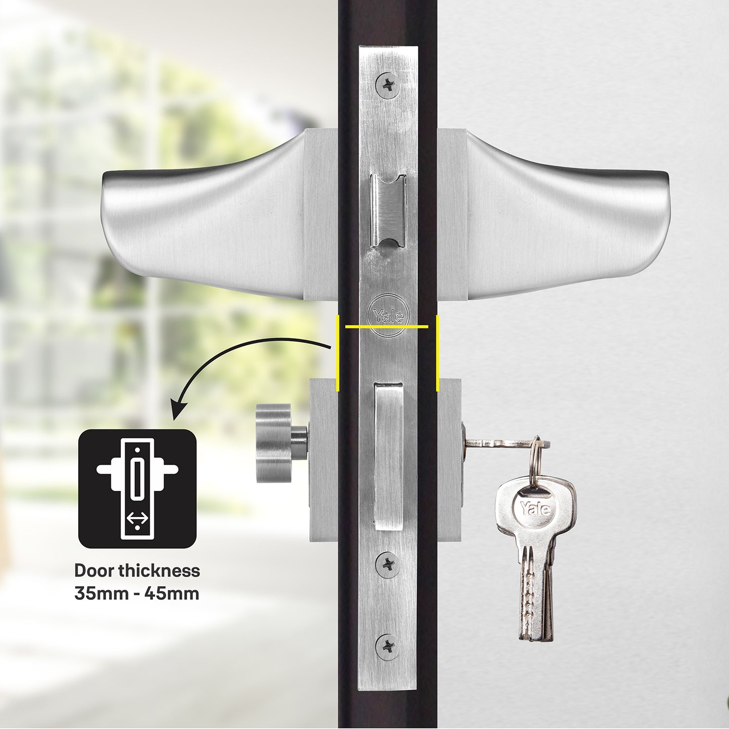 YMEL 702-SS Yale Mortise Lock and handle Comboset with Rose and Escutcheons, Key Cylinder with Knob inside and keys Outside, SS Finish