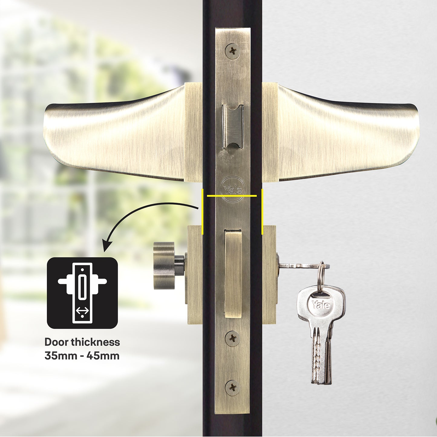 YMEL 702-ABYale Mortise Lock Comboset with Rose and Escutcheons, Key Cylinder with Knob inside and keys Outside, Antique Brass Finish