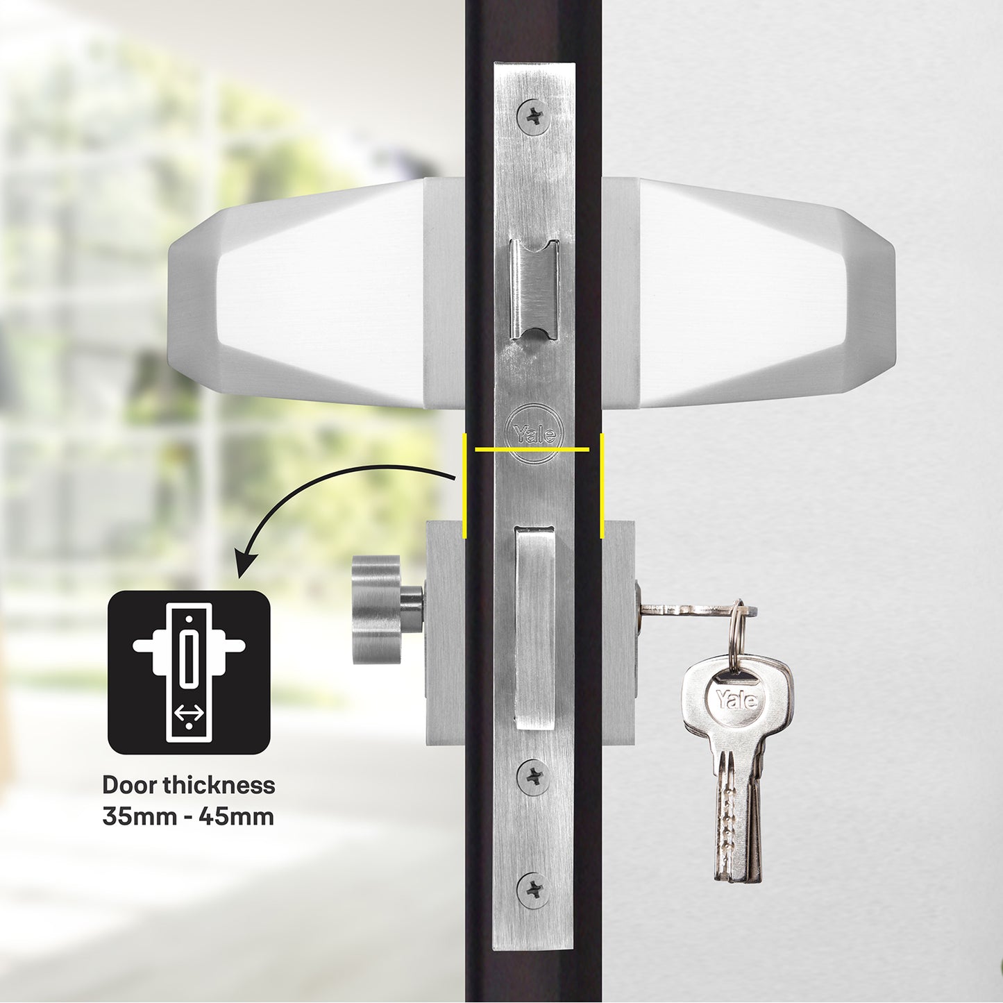 YMEL 704-SS Yale Mortise Lock Comboset with Rose and Escutcheons, Key Cylinder with Knob inside and keys Outside, SS Finish