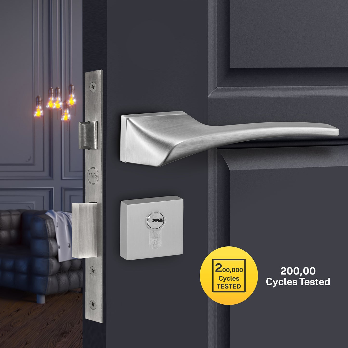 YMEL 702-SS Yale Mortise Lock and handle Comboset with Rose and Escutcheons, Key Cylinder with Knob inside and keys Outside, SS Finish