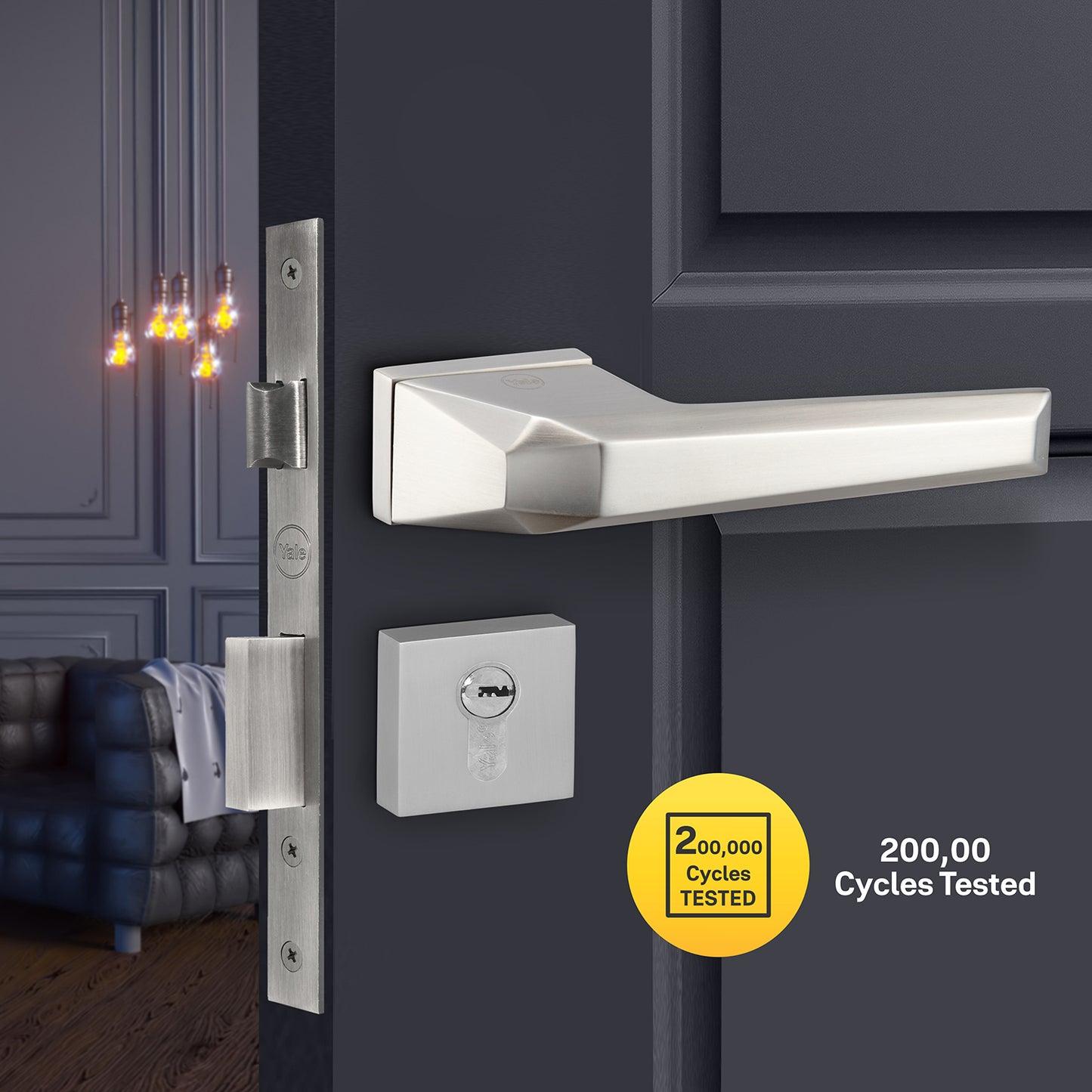 YMEL 704-SS Yale Mortise Lock Comboset with Rose and Escutcheons, Key Cylinder with Knob inside and keys Outside, SS Finish