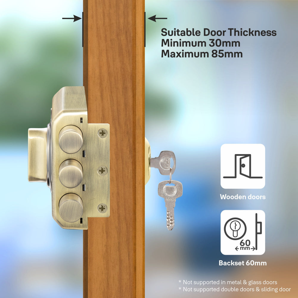Yale Kratos RIM lock for main door in antique brass suitable for minimum door thickness of 30mm