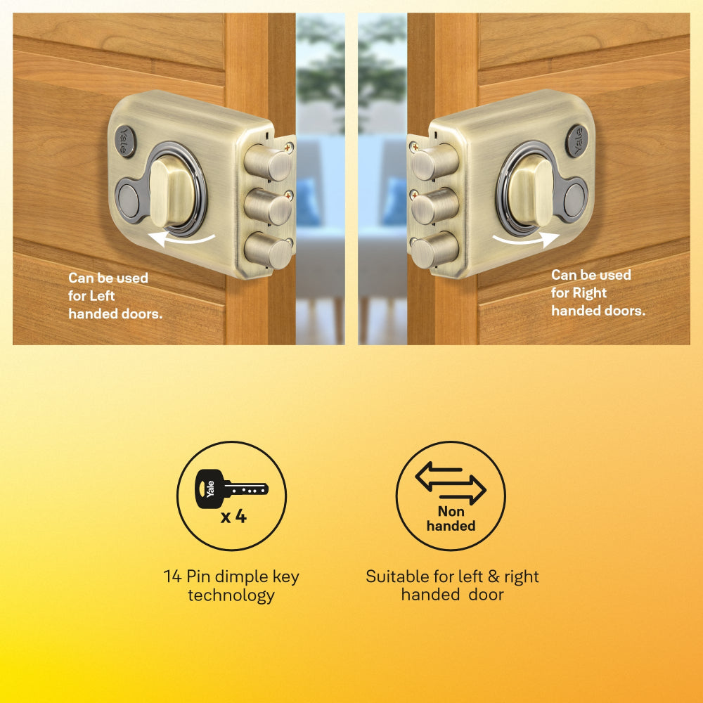 Yale Kratos RIM lock for main door in antique brass suitable for left or right opening side doors