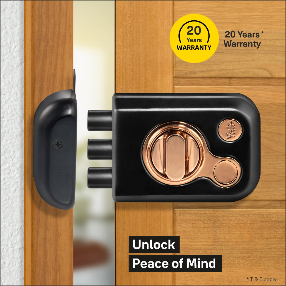 Yale Kratos™ RIM Lock for main doors in black matt and rose gold with lifetime warranty