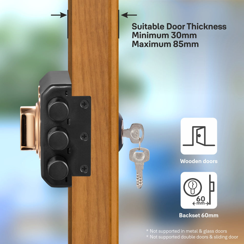 Yale Kratos™ RIM Lock for main doors in black matt and rose gold with minimum door thickness 30mm