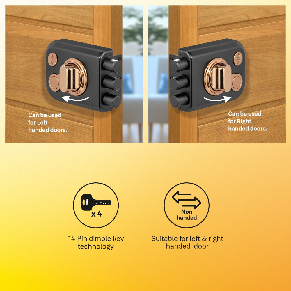 Yale Kratos™ RIM Lock for main doors in black matt and rose gold with left or right side opening door