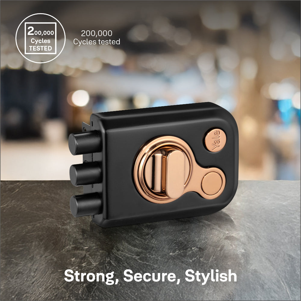 Yale Kratos™ RIM Lock for main doors in black matt and rose gold with high durability