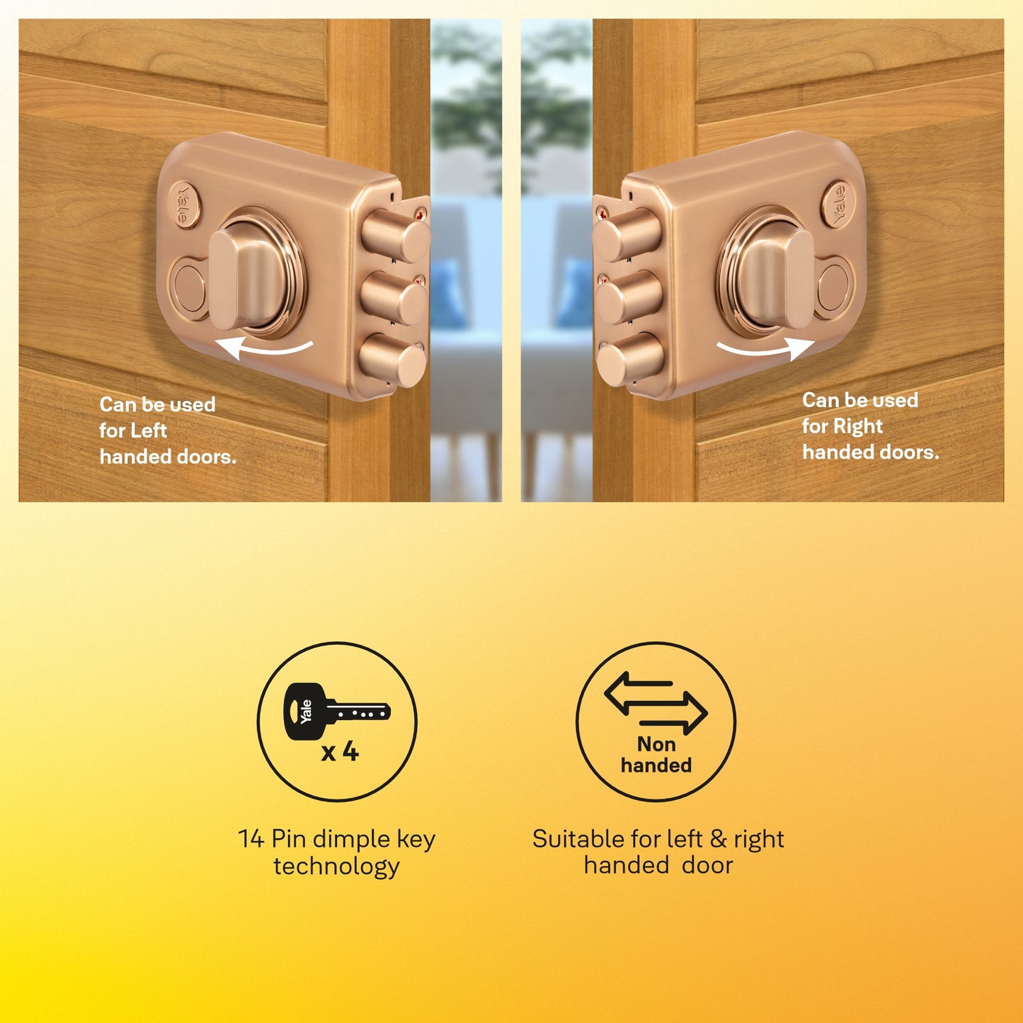 Yale KRT – Tribolt, 3 Deadbolts, Thumbturn, 4 Dimple Keys (Rose Gold Matt and Rose Gold), model KRT-3B-TT-RGM/RG