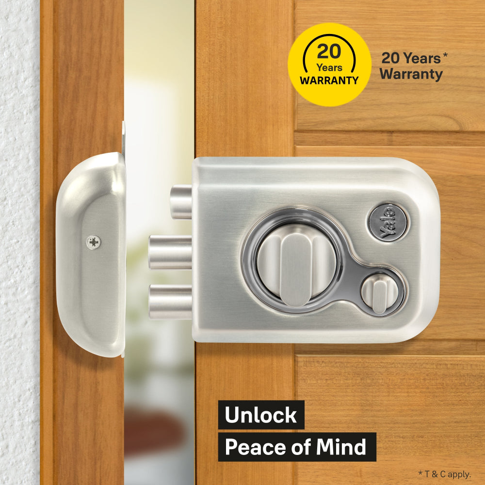 Yale Kratos RIM lock for main door with latch and two deadbolts and knob inside in silver