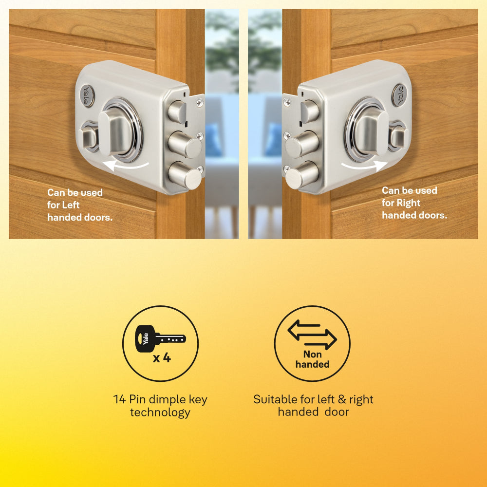 Yale Kratos RIM lock for main door with latch and two deadbolts and knob inside
