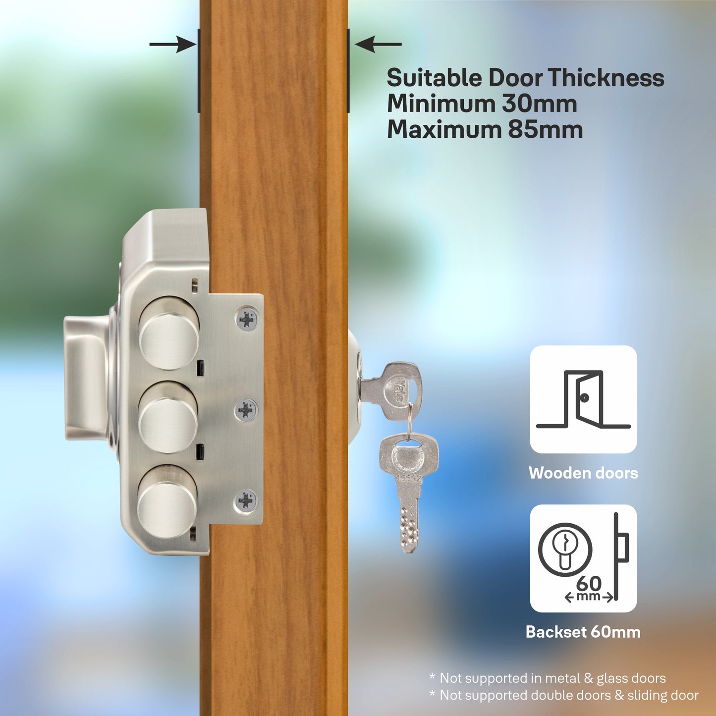 KRT-3B-TT-SSM/BN: Yale Katros Rimlock – Tribolt, 3 Deadbolts, Thumbturn, 4 Dimple Keys (Satin Steel Matt and Black Nickel)