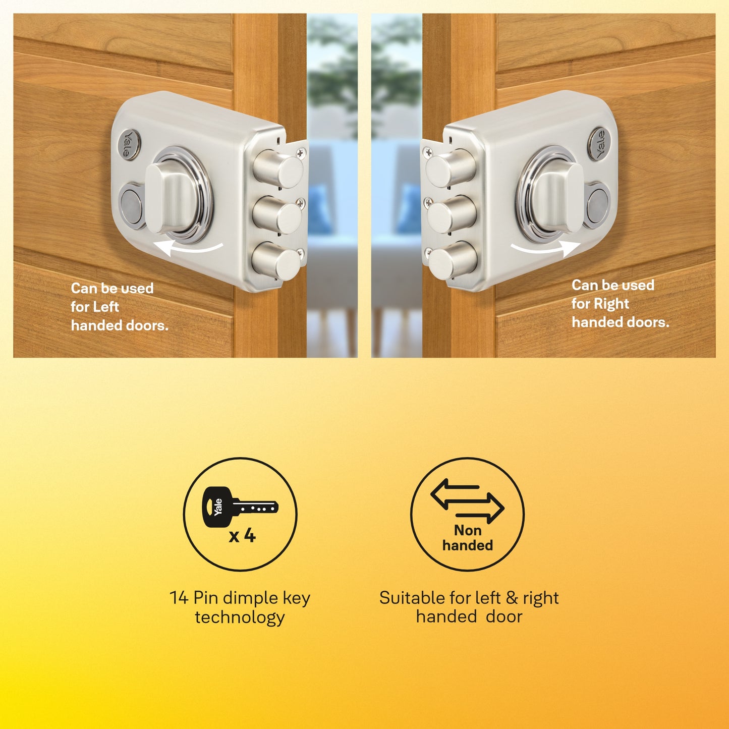 KRT-3B-TT-SSM/BN: Yale Katros Rimlock – Tribolt, 3 Deadbolts, Thumbturn, 4 Dimple Keys (Satin Steel Matt and Black Nickel)