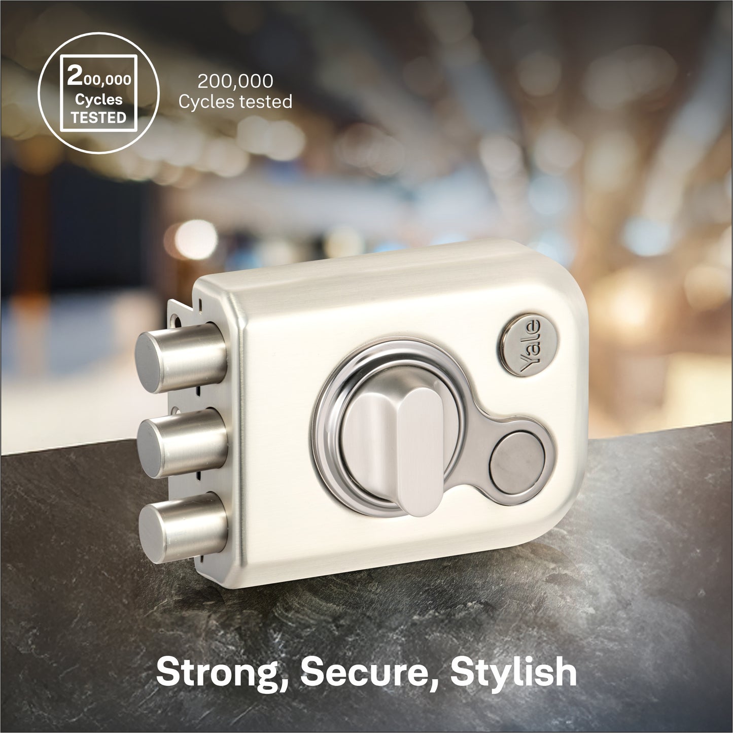 KRT-3B-TT-SSM/BN: Yale Katros Rimlock – Tribolt, 3 Deadbolts, Thumbturn, 4 Dimple Keys (Satin Steel Matt and Black Nickel)