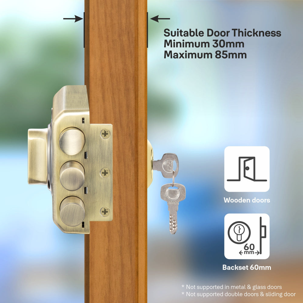 Yale Kratos RIM Lock for main Doors in antique brass suitable door thickness of minimum 30mm