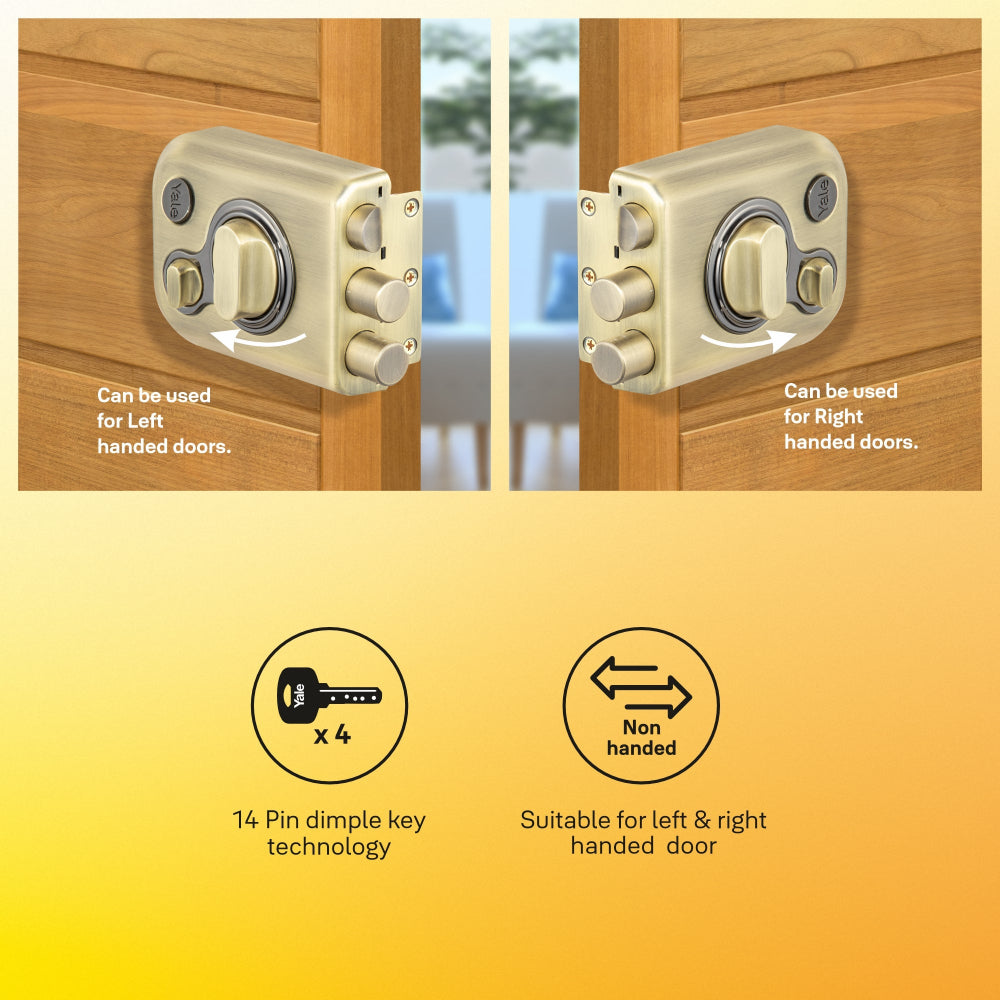Yale Kratos RIM Lock for main Doors in antique brass suitable for Left or right side opening door