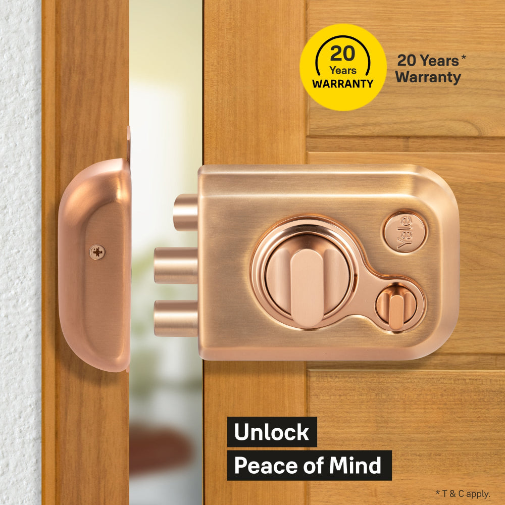 Yale Kratos RIM Door lock in rose gold with lifetime warranty
