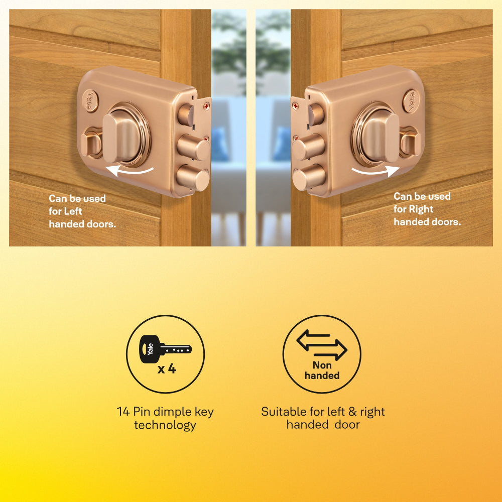 Yale Kratos RIM Door lock in rose gold suitable for left or right side door opening