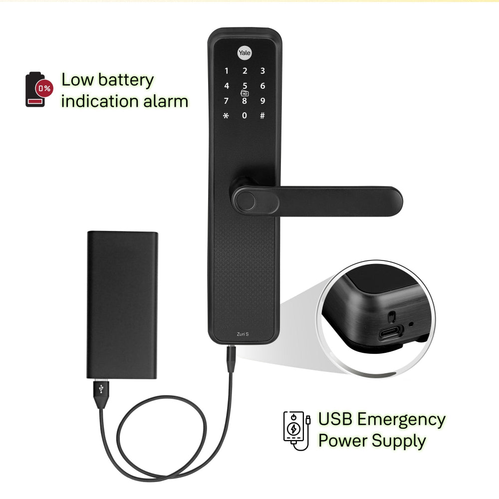 Yale Zuri S (Black) Smart lock with USB port for emergency supply using power bank