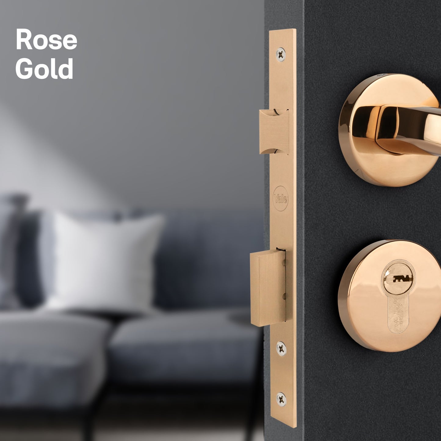 Yale Mortise Lock, 85mm Centre Distance And 45mm Backset, PVD Rose Gold color plate with Strike plate in box