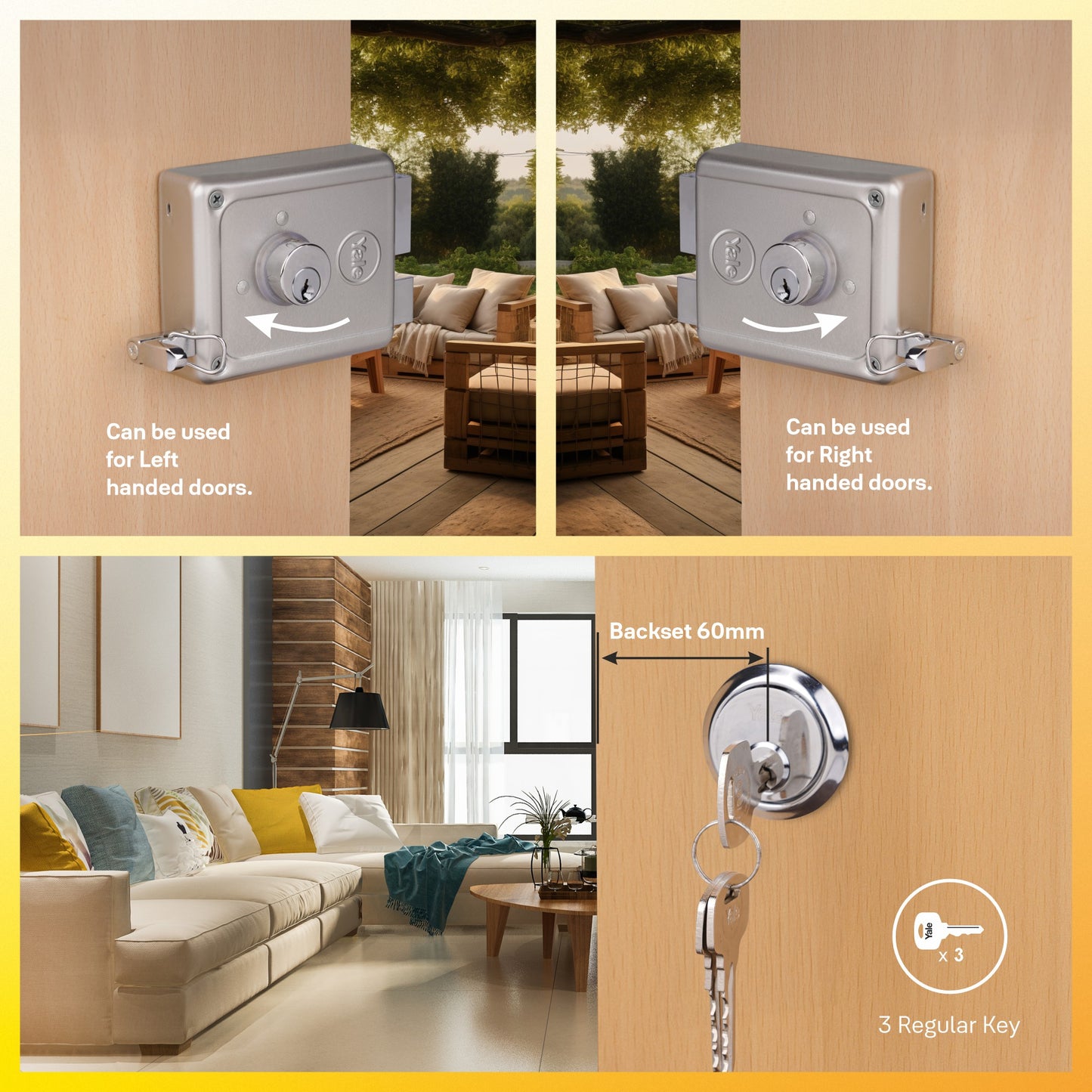 R300 RIM LOCK FOR MAIN DOOR WITH BOTH SIDES KEY OPTION