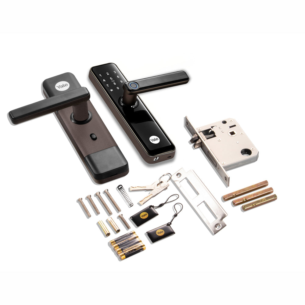 Yale YDME 50 NXT Brown smart lock with all components in the box