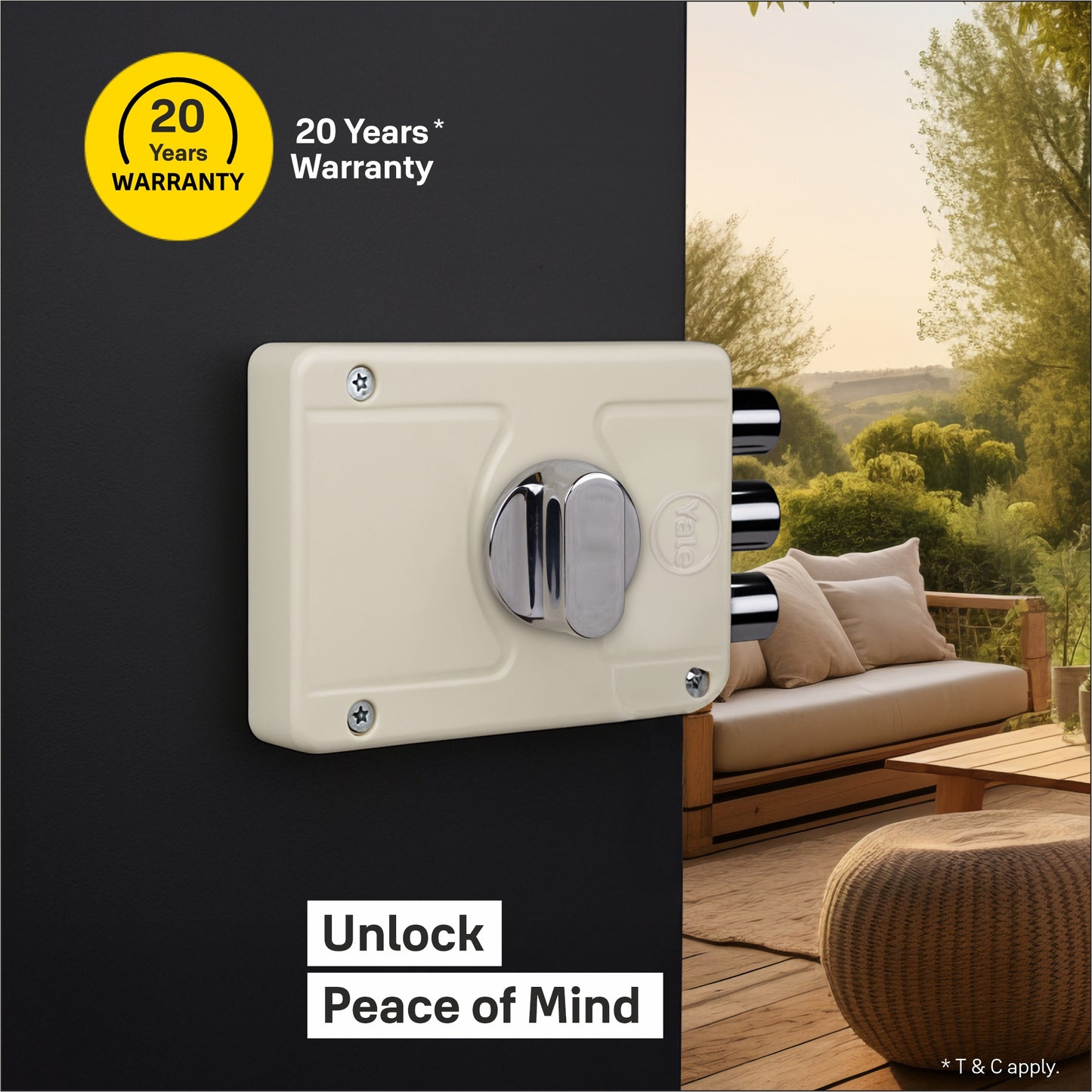 Yale Essential YE-MDL-3B-TT-DK-IN Rim Lock , 3 Deadbolts, Thumbturn, 4 Dimple Keys (Ivory)