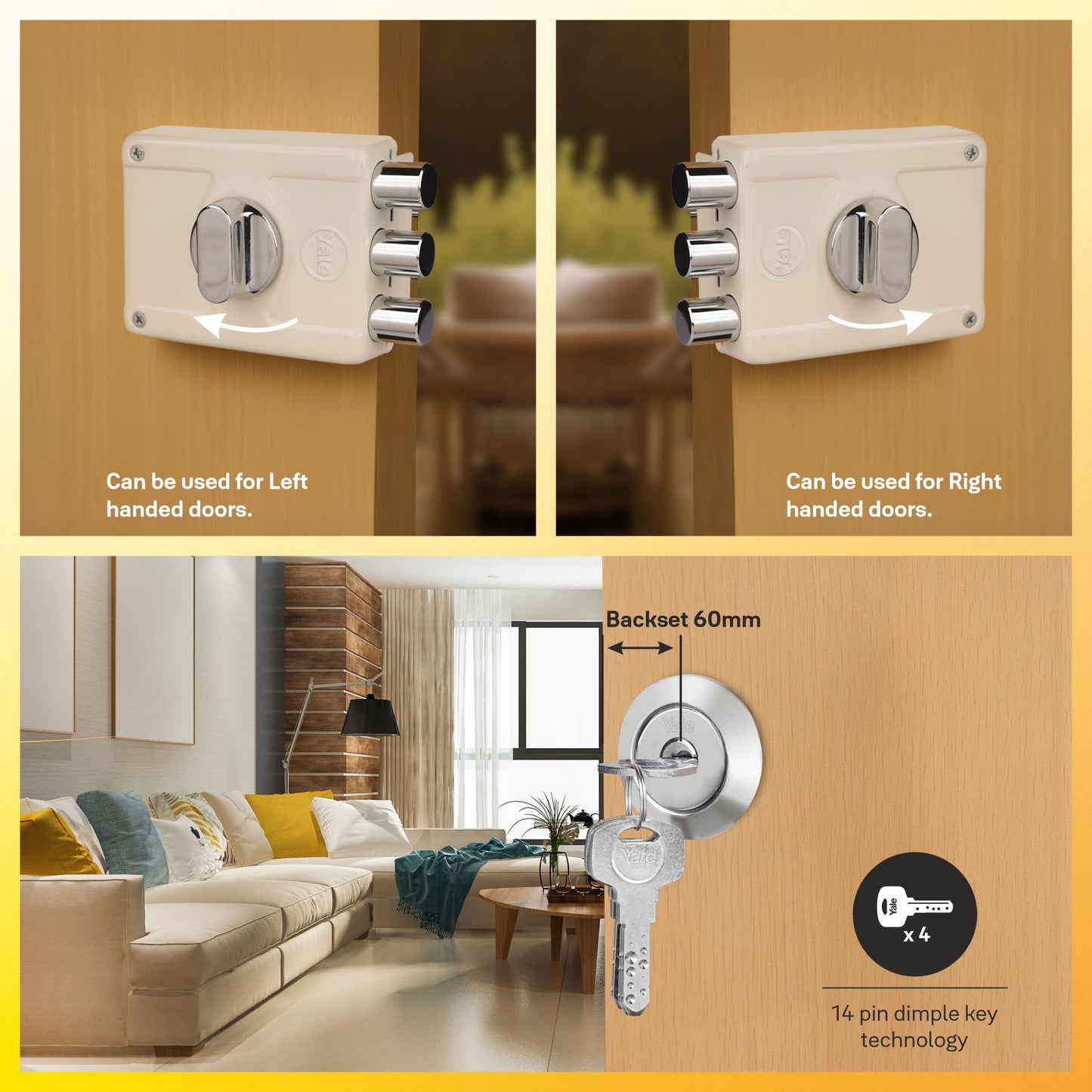 Yale Essential YE-MDL-3B-TT-DK-IN Rim Lock , 3 Deadbolts, Thumbturn, 4 Dimple Keys (Ivory)