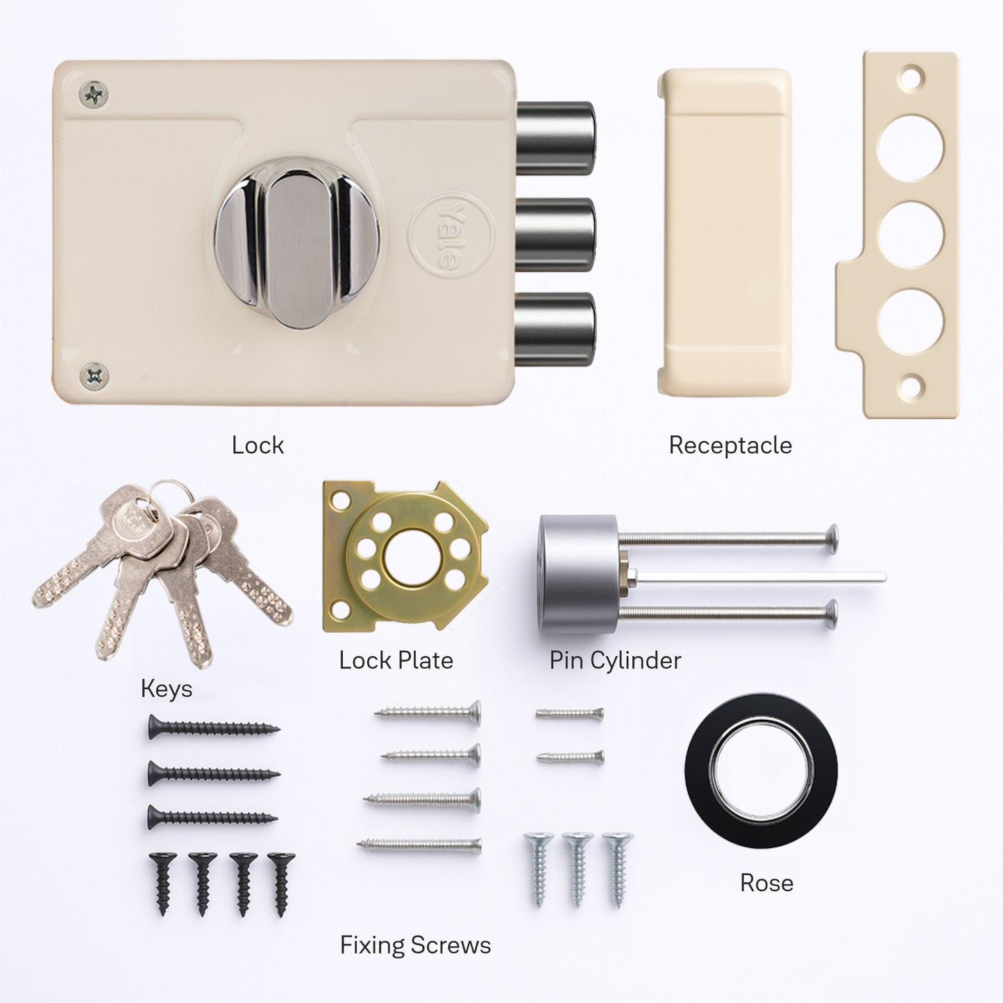 Yale Essential YE-MDL-3B-TT-DK-IN Rim Lock , 3 Deadbolts, Thumbturn, 4 Dimple Keys (Ivory)