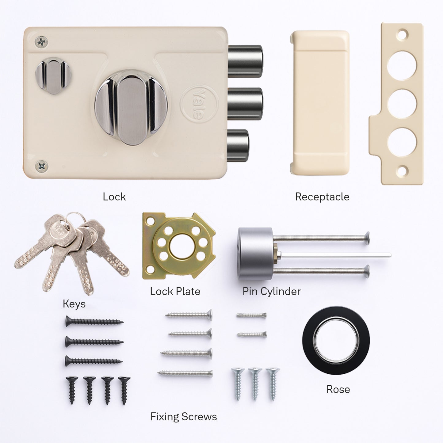 Yale Essential YE-MDL-LB-TT-DK-IN Rim Lock , 2 Deadbolts and 1 Latch Bolt, Thumbturn, 4 Dimple Keys (Ivory)