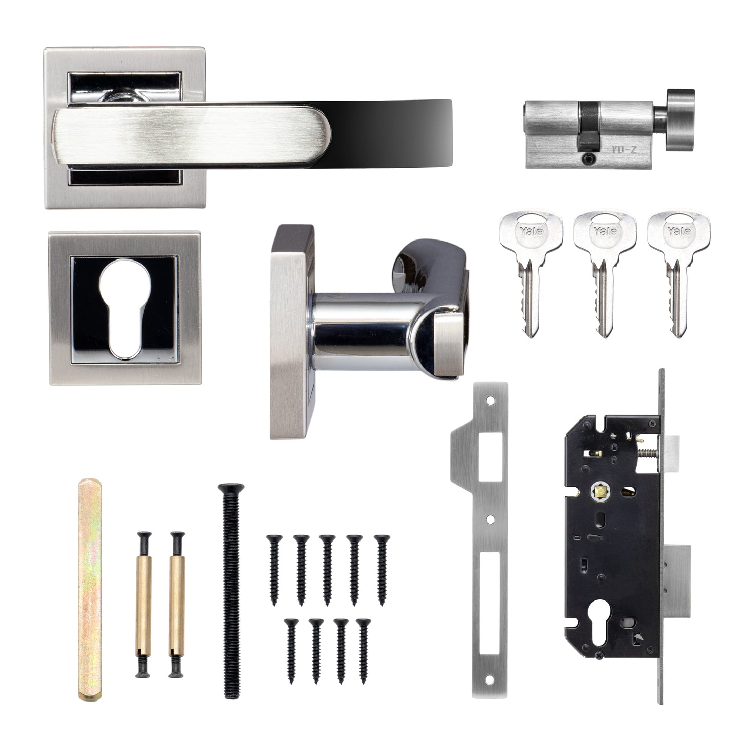 YECM-603-OR-TT-SS/CP Mortise Door Handle Lock Set with Rose and Escutcheons, Cylinder with Knob inside and keys Outside, Satin Steel Dual Tone