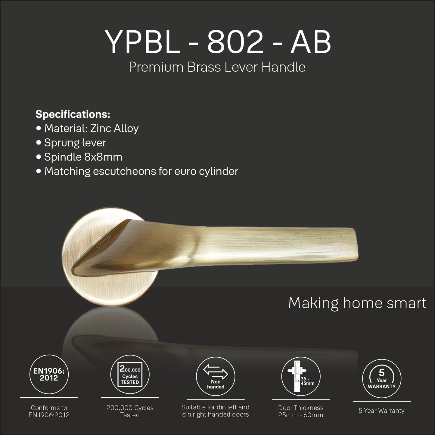 YPBL-802 Solid Brass Premium Lever Handle set, Antique Brass