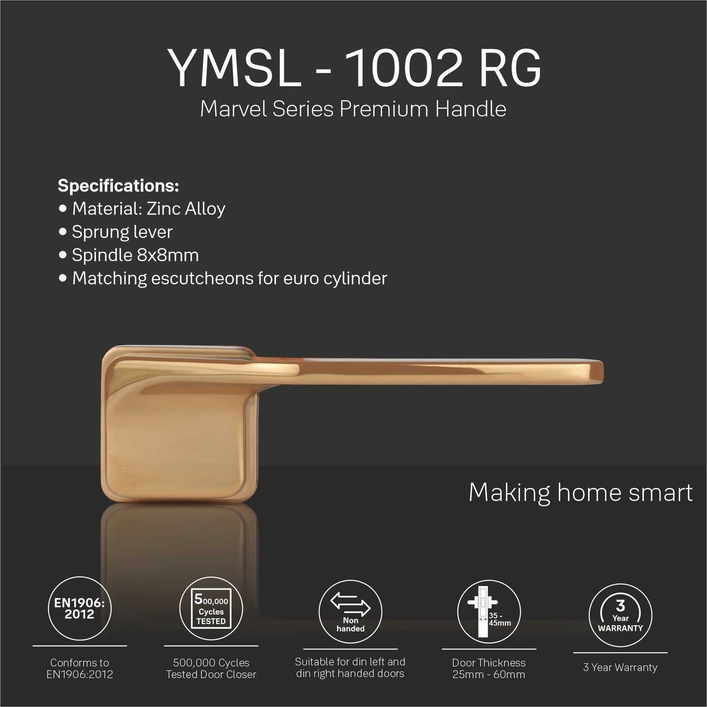 YMSL-1002-RG - Yale Marvel Series Premium PVD Handle, with Mortise Lockbody and Euro Profile Cylinder with Dimple Keys