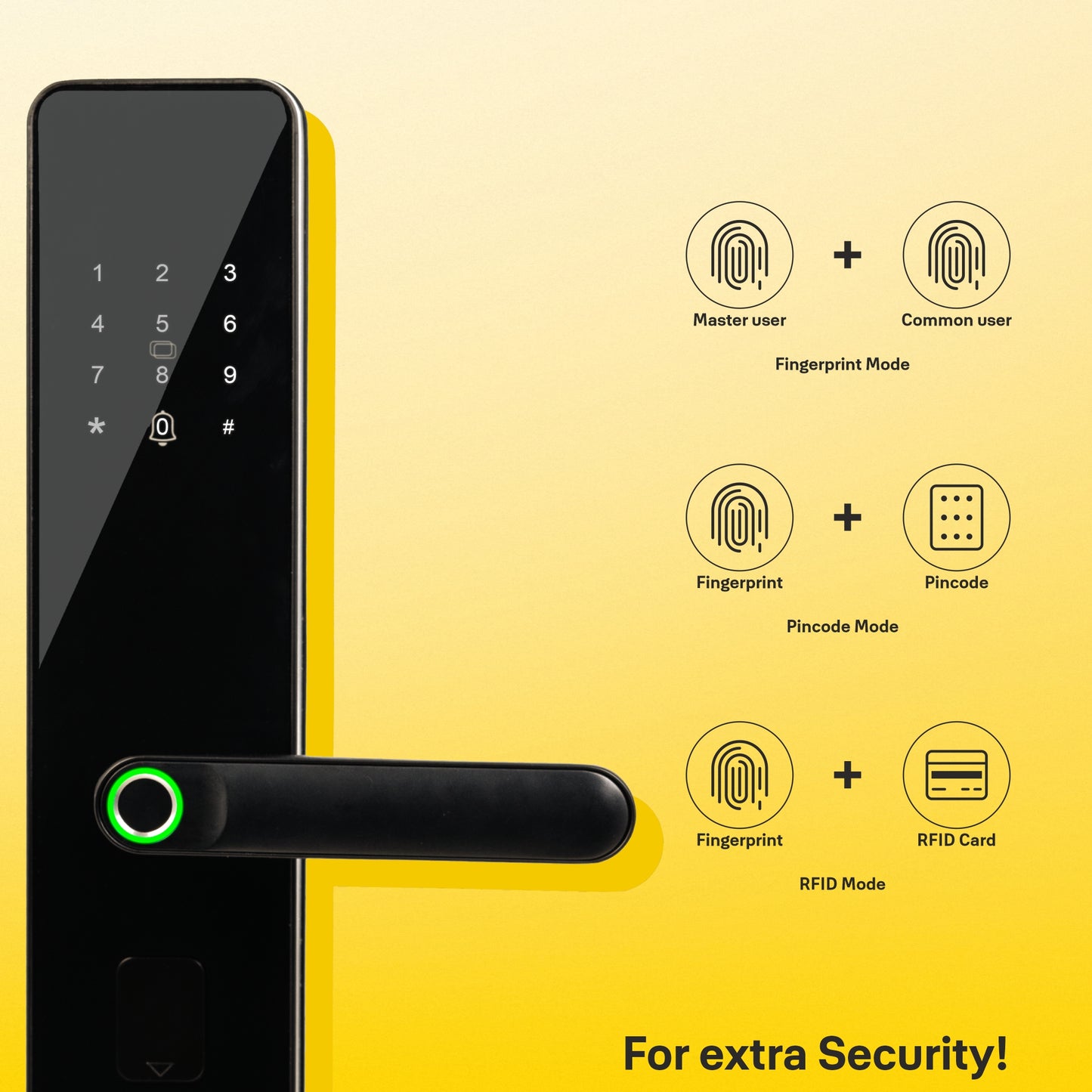 YDME100NxT Smart Door Lock, Fingerprint, PIN, RFID, Manual Key Access (Black)