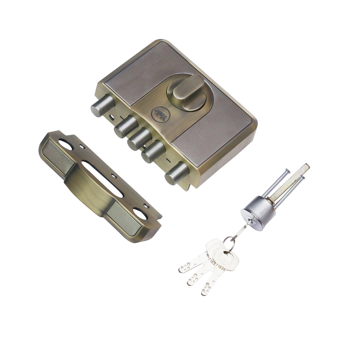CBD-Cinco 500 Series 5 Dead Bolt Main Door RIM Lock, Knob Inside, Antique Brass, With Dimple Keys