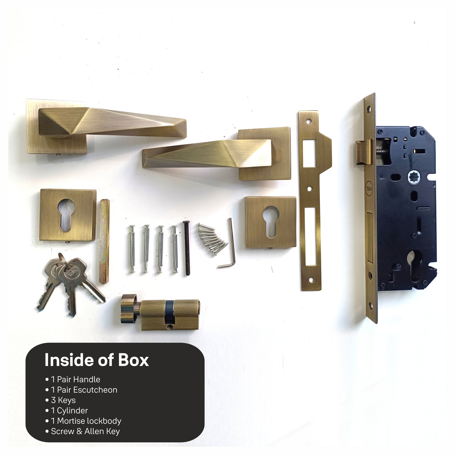 SM-01-01-02 Yale SM series Mortise Lock Comboset with Rose and Escutcheons, Cylinder with Knob inside and keys Outside, AB Finish