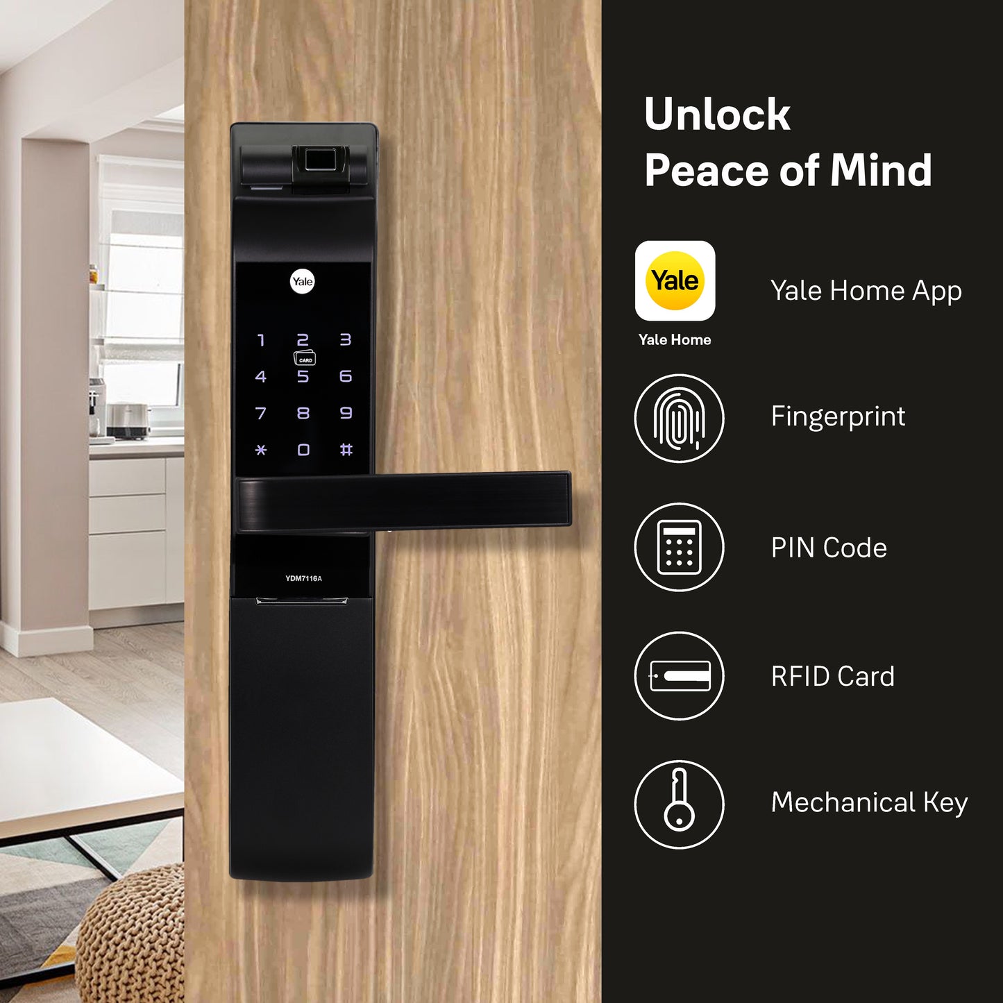 YDM 7116A Smart Lock, Matt Black with Fingerprint, PIN Code, RFID Card, Mechanical Key, Bluetooth module, Works with Yale Home App