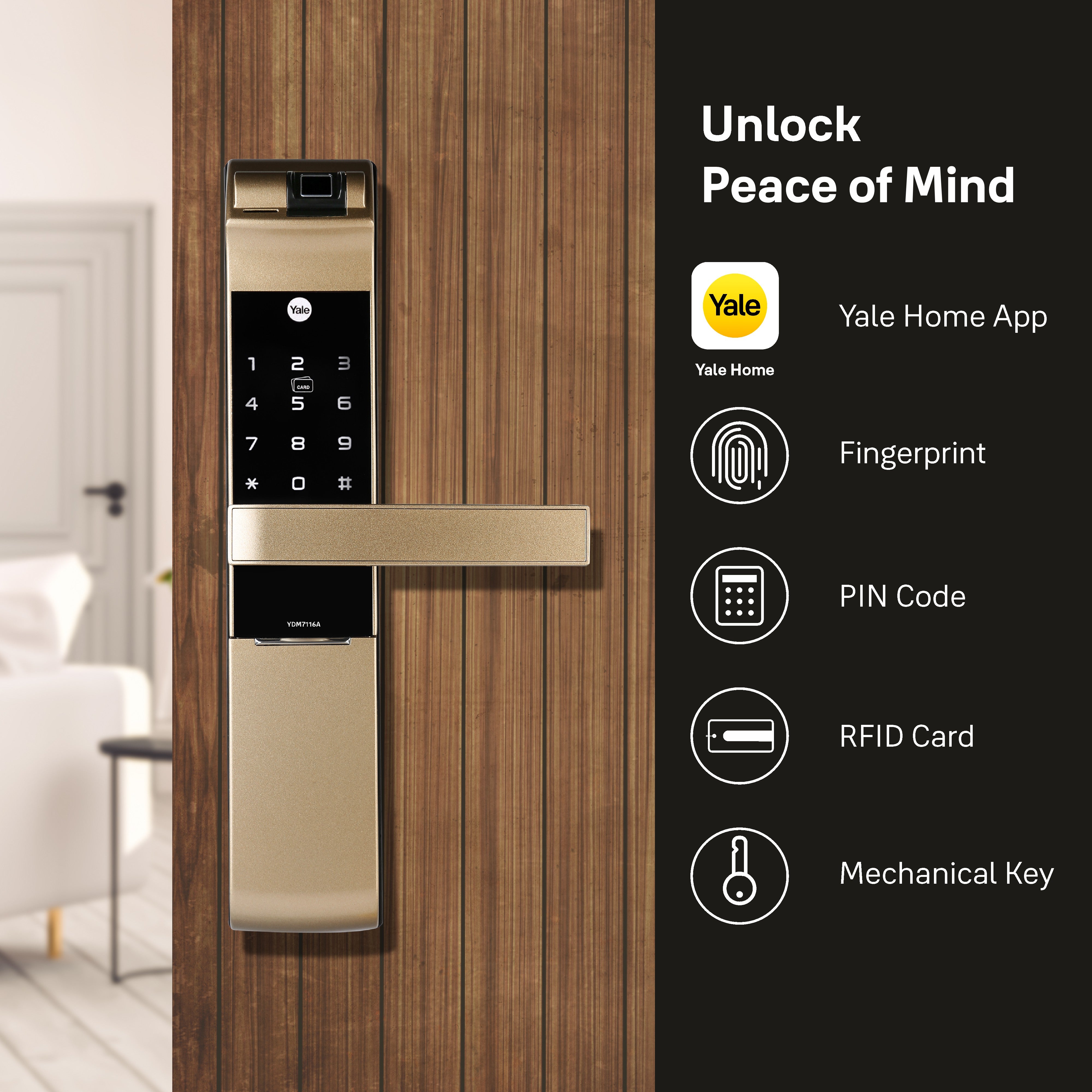 YDM 7116A Smart Lock, Champagne Gold with Fingerprint, PIN Code