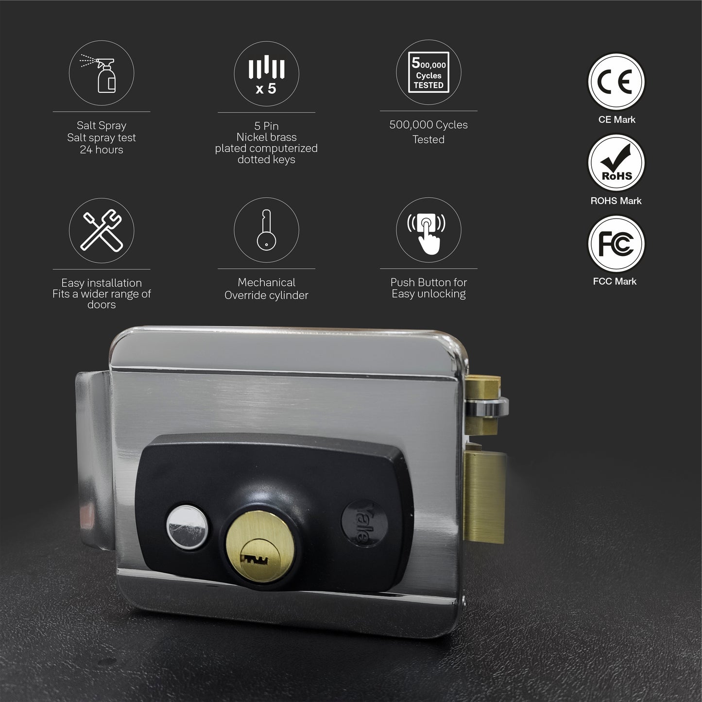 YALE YEL-200YN ELECTRIC RIM LOCK, Satin Nickel, Both side keys (Yellow finish)