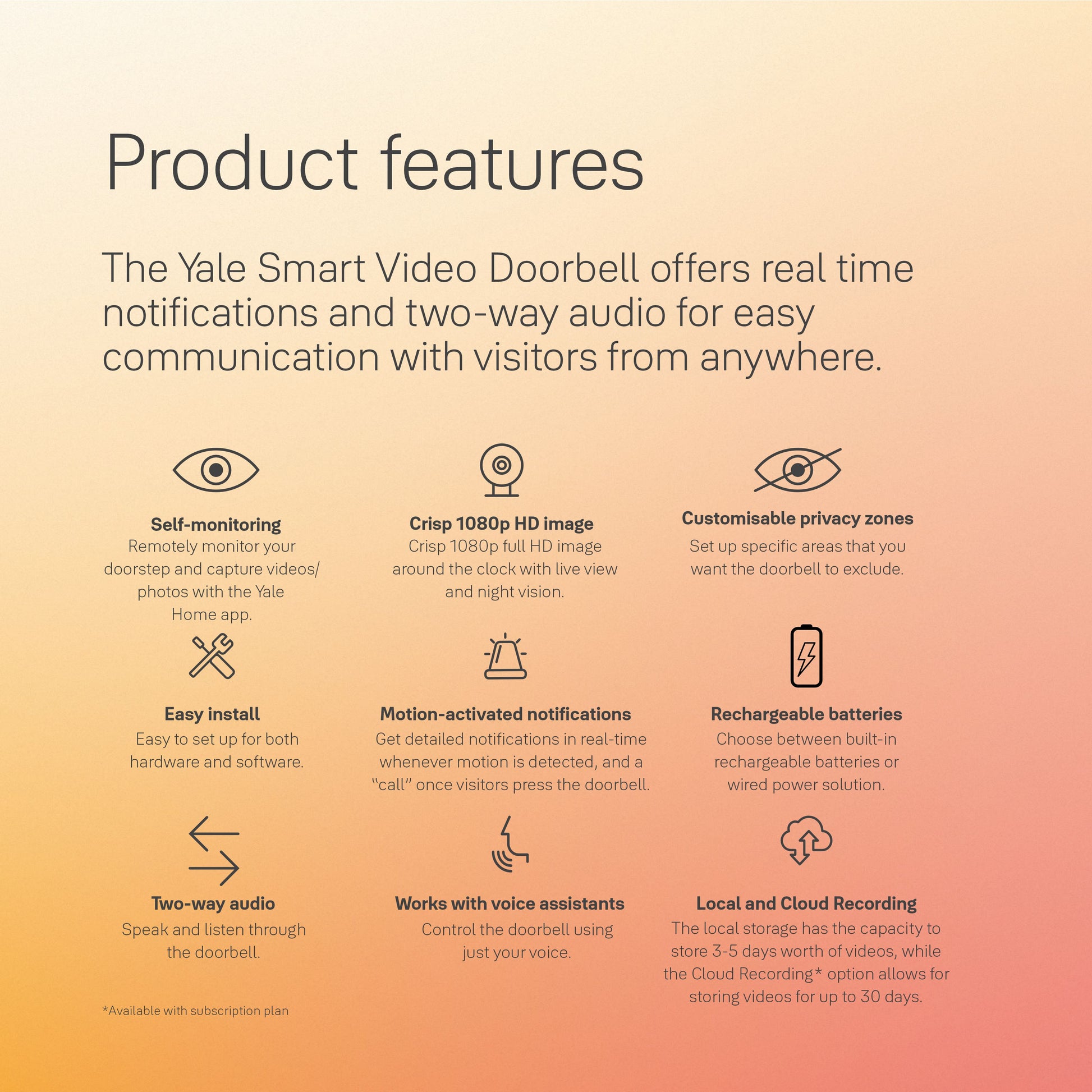 Yale Smart Video Doorbell 1080p Full HD image, live viewing, and