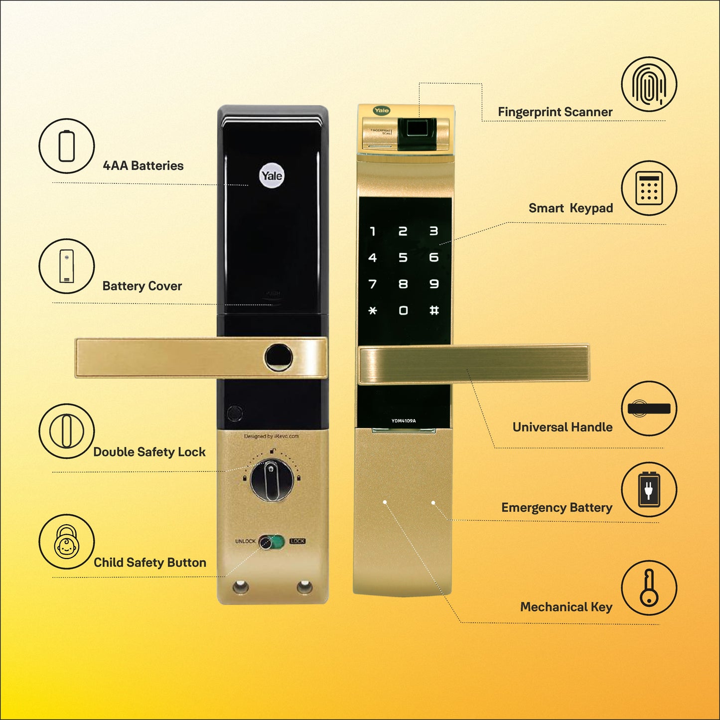 YDM 4109- A Series, Biometric Smart Lock, Gold